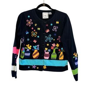 Michael Simon Vibrant Embroidered Flower Pot Floral Design Button Front Cardigan
